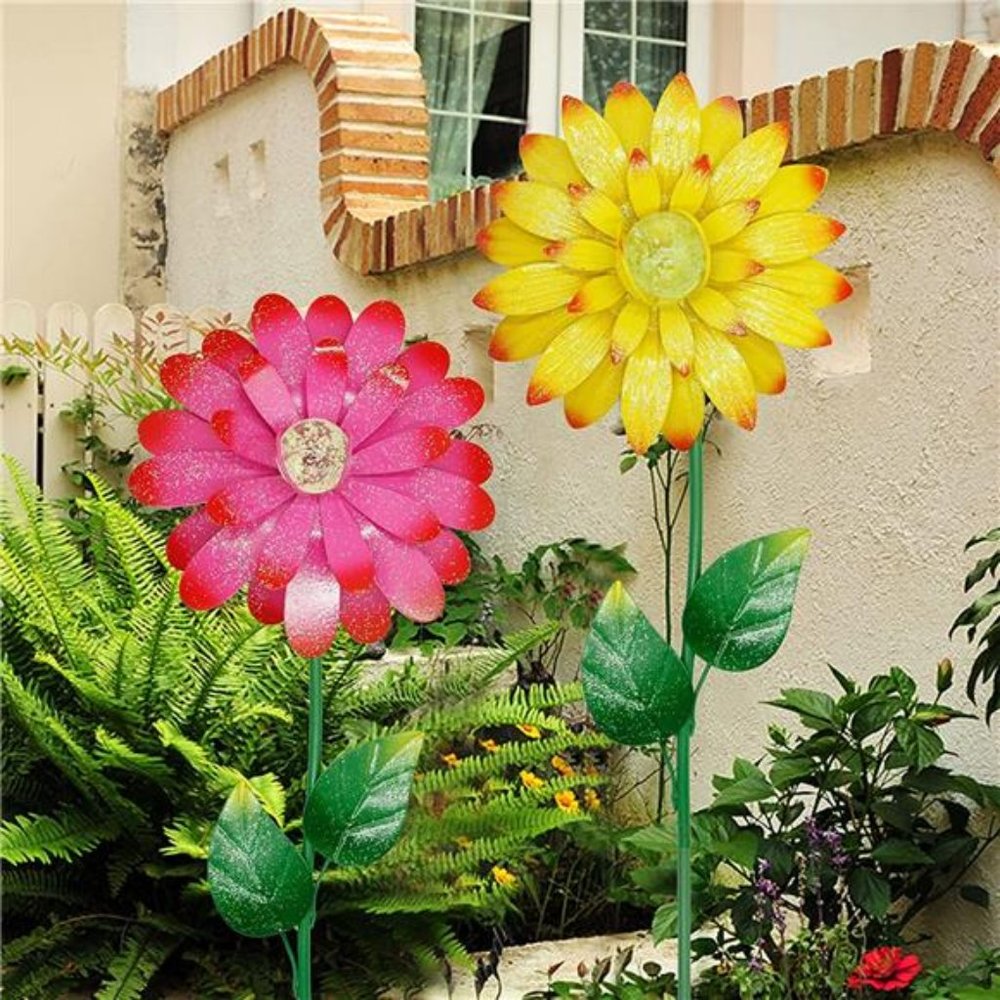 25 Inch Flower Garden Stakes Decor, Shaking Head Metal Outdoor - Set of 2 - Picture 1 of 4